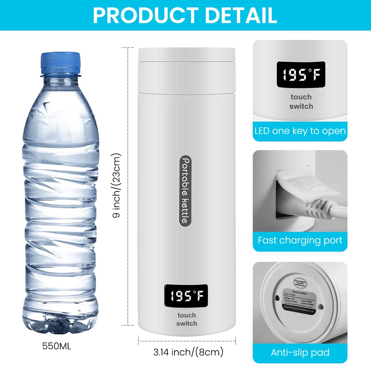 HASTHIP Small Electric Kettle Travel Portable Mini Coffee Kettle Electric Water Bottle with 4 Variable Presets, Personal Hot Water Boiler 304 Stainless Steel with Auto Shut-Off & Boil Dry Protection HASTHIP Small Electric Kettle Travel Portable Mini Coffee Kettle Electric Water Bottle with 4 Variable Presets, Personal Hot Water Boiler 304 Stainless Steel with Auto Shut-Off & Boil Dry Protection